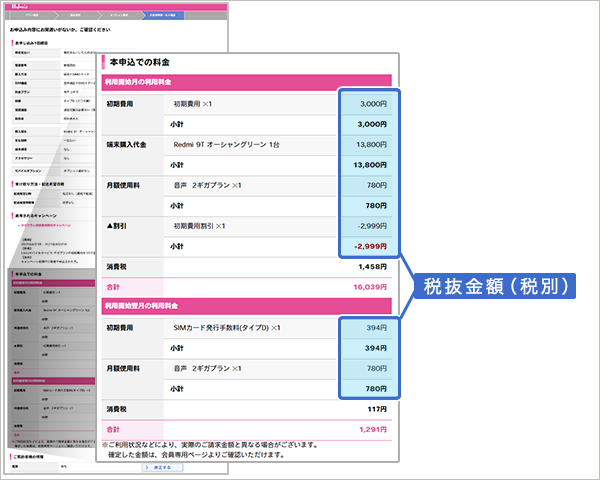 Webからスマホを購入手続き中、記載されている金額がキャンペーン紹介