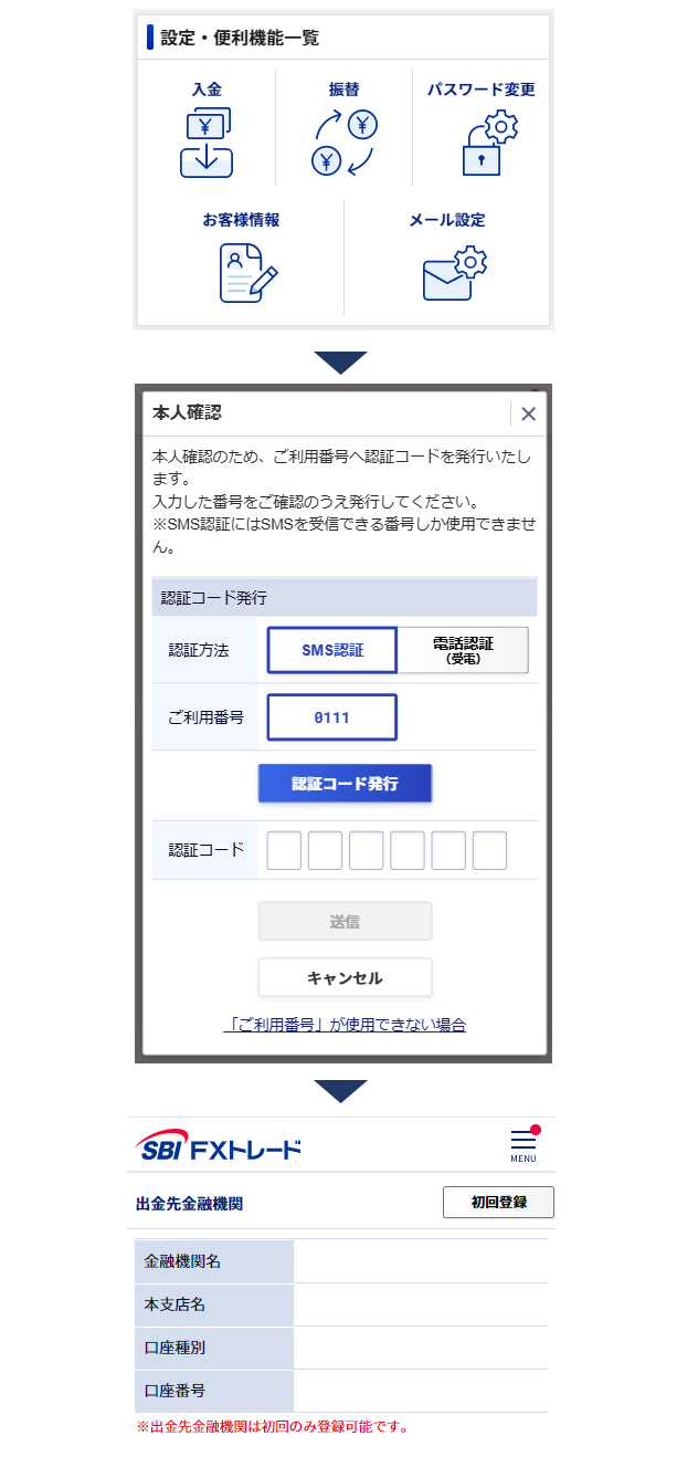 スマートフォンからの出金先金融機関は登録できますか？ : よく